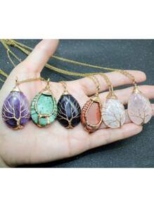 1PC Tree Of Life Crystals Necklace Pendant Water Drop Natural Stone Wire Wrap Rose Amethysts Quartz Crystal Tiger Eye Necklace Pendant