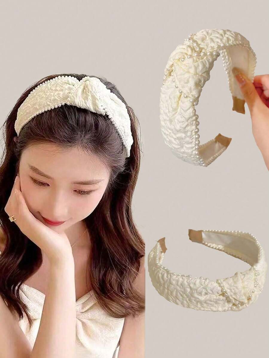 1pc Girls' High Crown Headband With Pearl & Bow & Ruffle Decor For Princess Look