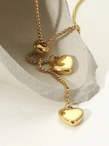 VceTd 1pc Chic & Elegant Double Heart Pendant Adjustable 18k Gold Plated Stainless Steel Chain Necklace, Suitable For Women's Daily Wear Or As A Gift Valentines,Mom,Mother,Mother's Day,Gift - Yellow Gold - View 6