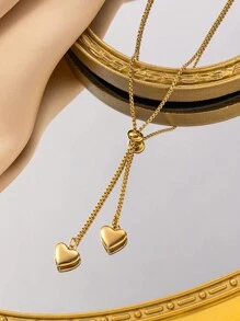 VceTd 1pc Chic & Elegant Double Heart Pendant Adjustable 18k Gold Plated Stainless Steel Chain Necklace, Suitable For Women's Daily Wear Or As A Gift Valentines,Mom,Mother,Mother's Day,Gift - Yellow Gold - View 3