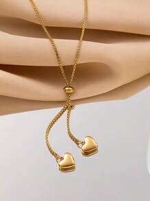 VceTd 1pc Chic & Elegant Double Heart Pendant Adjustable 18k Gold Plated Stainless Steel Chain Necklace, Suitable For Women's Daily Wear Or As A Gift Valentines,Mom,Mother,Mother's Day,Gift - Yellow Gold - View 4