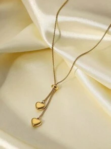 VceTd 1pc Chic & Elegant Double Heart Pendant Adjustable 18k Gold Plated Stainless Steel Chain Necklace, Suitable For Women's Daily Wear Or As A Gift Valentines,Mom,Mother,Mother's Day,Gift - Yellow Gold - View 5