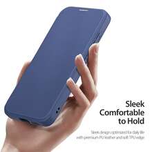 1入組dux Ducis藍色翻蓋連支架手機殼,適用於三星s24 Ultra、三星s24 Plus、三星s24,具備抗刮、防塵、防油、防震全面保護功能,採用pu皮革材料,具配備rfid信用卡阻擋卡槽,便於日常使用的翻蓋錢包式手機殼 - 藍色 - 查看 5