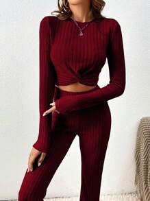 2 Piezas/set Pijama Simple De Un Solo Color Sólido Con Forro Grueso De Vellón Ajustado Para Mujer, Adecuado Para Uso En El Hogar En Otoño E Invierno. El Conjunto De Pantalones Largos De Manga Larga Y Torcido Se Ajustan A Última Moda Dulce, Elegante Y Calentito, Adecuados Para Casa Y Al Aire Libre - Rosa Oxidada - Ver 4