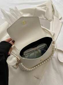 Mini Square Bag Faux Pearl & Bow Decor Flap PVC PU Leather Crossbody Bags For Women Luxury Shoulder Bags Female Handbags White - White - View 3