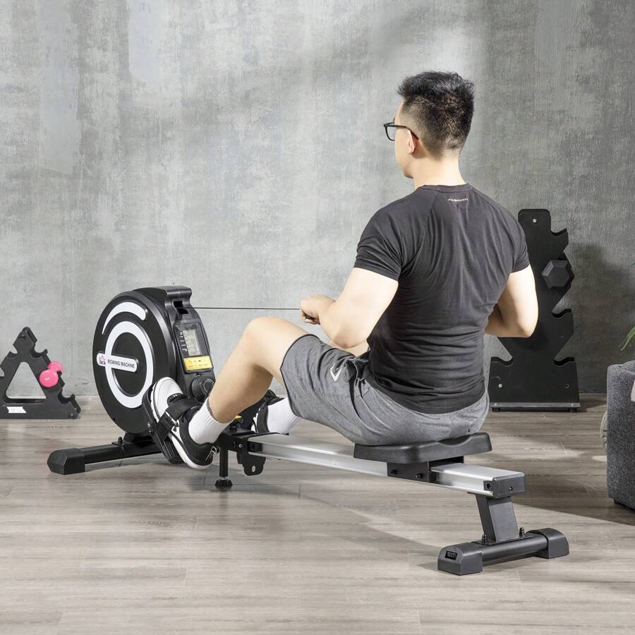 HOMCOM Máquina de Remo Plegable con 8 Niveles de Resistencia Magnética Volante de 4kg Monitor LCD Silencioso Carga 120kg para Fitness Entrenamiento en Casa Acero Aluminio 185x58x57 cm Negro y Plata - Negro - Ver 1