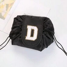 1入斜肩字母刺繡化妝收納包女用口袋折疊式化妝包便攜式旅行收納洗漱袋字母印花組織者盥洗用品情人節禮物 - 黑色 - 查看 21