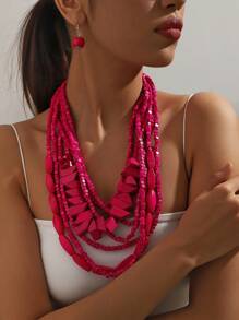 三件套串珠多层吊坠，搭配独特个性化时尚复古假日项链和耳环，适合女士