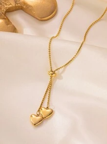 VceTd 1pc Chic & Elegant Double Heart Pendant Adjustable 18k Gold Plated Stainless Steel Chain Necklace, Suitable For Women's Daily Wear Or As A Gift Valentines,Mom,Mother,Mother's Day,Gift - Yellow Gold - View 8