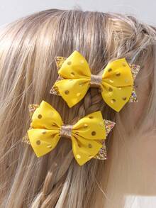 2pcs/Pack Cute Gold Polka Dot Yellow Bow Hair Clips For Children - Multicolor - View 5
