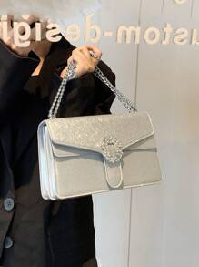 1pc Silver Fashionable Chain Shoulder Crossbody Bag, Spacious And Multilayered For Women - Silver - View 3