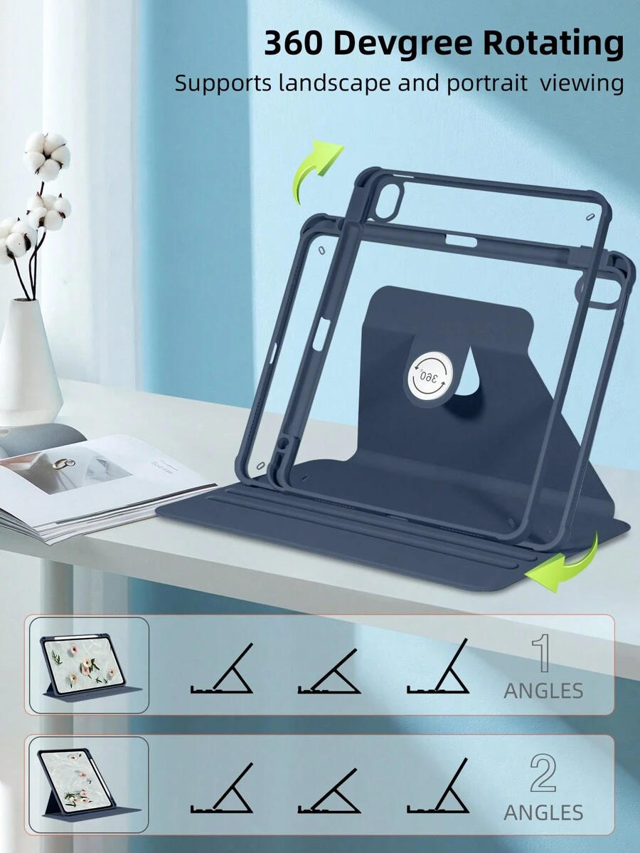一款深藍色亞克力折疊式書本設計保護殼，具備360度旋轉支架功能，Sleep/Wake功能，與iPad Mini1/2/3/Mini4/Mini5/Mini6/9.7/10.2/10.5/Air4/Air5/10th/10.9/Pro11/Air11(M2)/Air13(M2)/Pro11(M4)/Pro11(M4)2024 12.9英寸相容