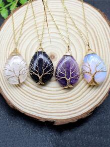 1PC Tree Of Life Crystals Necklace Pendant Water Drop Natural Stone Wire Wrap Rose Amethysts Quartz Crystal Tiger Eye Necklace Pendant