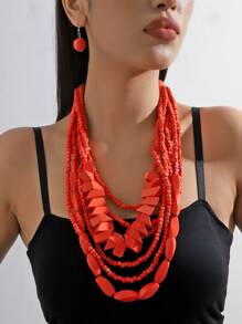 三件套串珠多层吊坠，搭配独特个性化时尚复古假日项链和耳环，适合女士