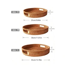 1pc Circular Handmade Wicker Tray, Japan-Style Fruit Plate With Handle And Storage Basket, Storage Basket, Wood Handle Tray, Bread Fruit Cake Serving Platter, Household Tray,Kitchen,Christmas Gift - Brown - View 4