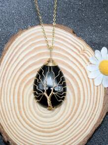 1PC Tree Of Life Crystals Necklace Pendant Water Drop Natural Stone Wire Wrap Rose Amethysts Quartz Crystal Tiger Eye Necklace Pendant