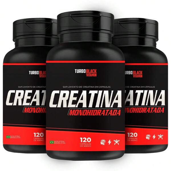 Creatina Monohidratada Turbo Black Vitamin 120 Cápsulas 500mg Kit c/ 03 Unidades