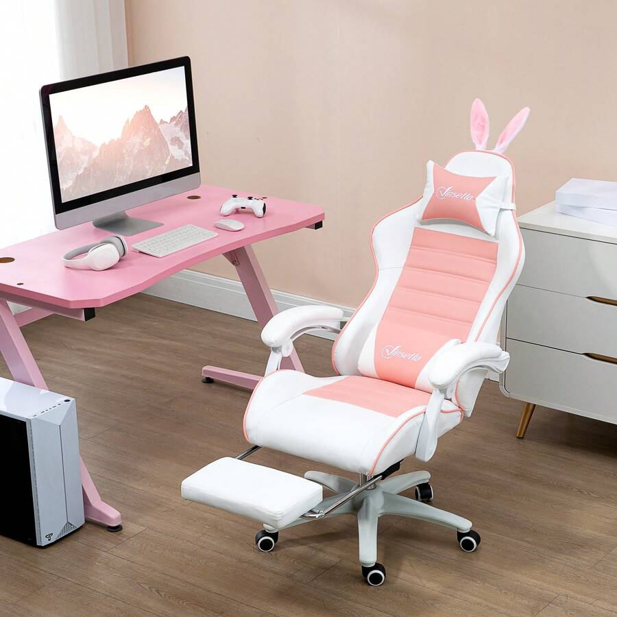 Vinsetto Racing Gaming Chair, Reclining PU Leather Computer Chair With Removable Rabbit Ears, Footrest, Headrest And Lumber Support