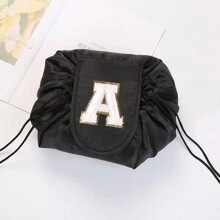 1入斜肩字母刺繡化妝收納包女用口袋折疊式化妝包便攜式旅行收納洗漱袋字母印花組織者盥洗用品情人節禮物 - 黑色 - 查看 18