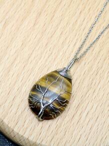 1PC Tree Of Life Crystals Necklace Pendant Water Drop Natural Stone Wire Wrap Rose Amethysts Quartz Crystal Tiger Eye Necklace Pendant