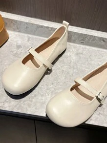 復古珍風格女鞋圓頭低口款平底鞋,加大尺碼真皮奶奶鞋 - 杏色 - 查看 1