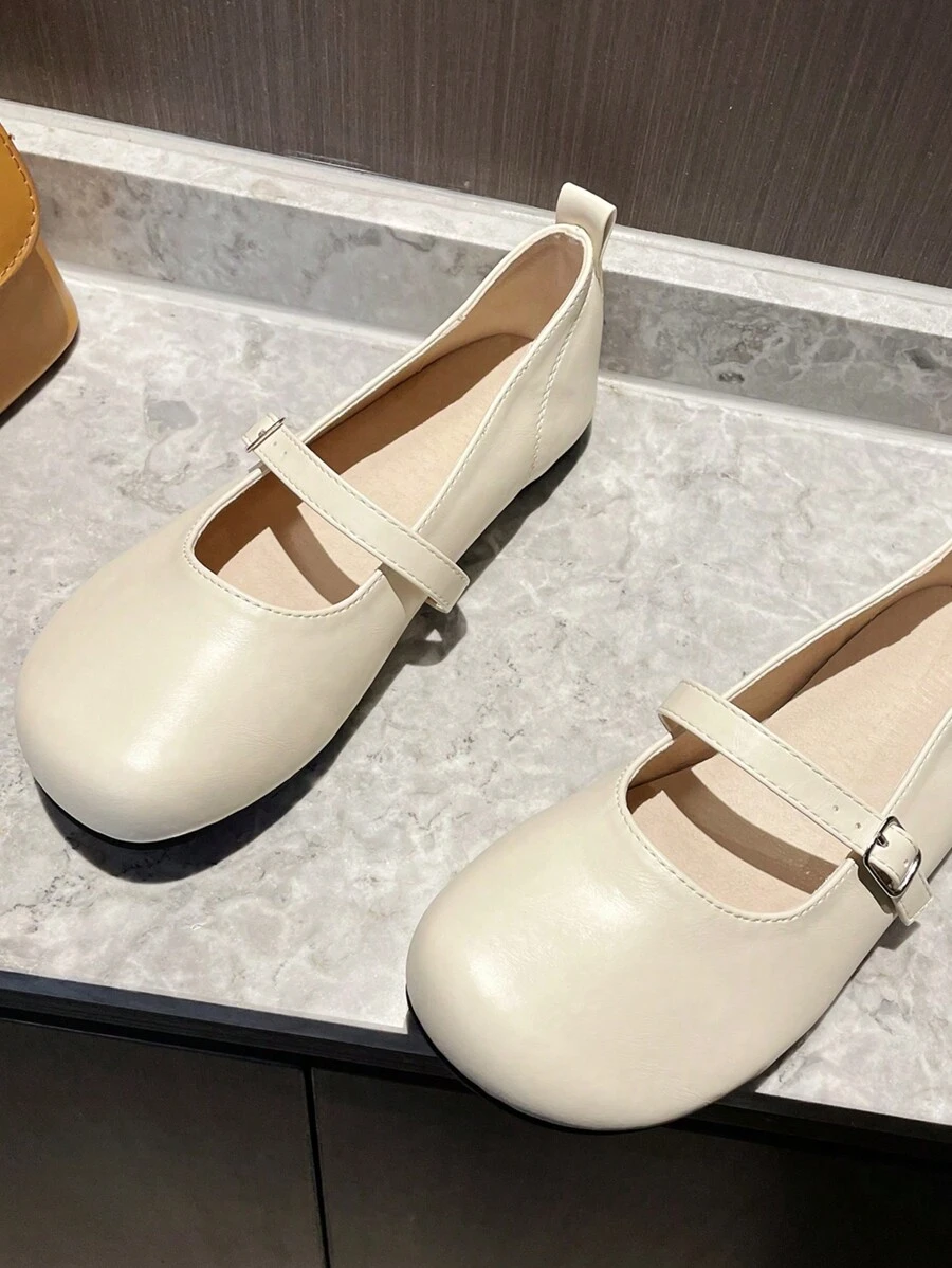 復古珍風格女鞋圓頭低口款平底鞋,加大尺碼真皮奶奶鞋 - 杏色 - 查看 1