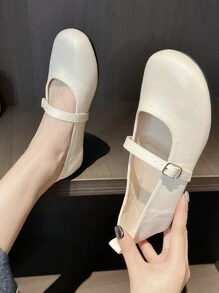 復古珍風格女鞋圓頭低口款平底鞋,加大尺碼真皮奶奶鞋 - 杏色 - 查看 6