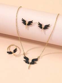 1set Black Rhinestone Wings Necklace, Angel Wings Earrings Jewelry Set For Women - 1 Pair Earrings, 1 Necklace - Black Butterfly Necklace Set - View 1