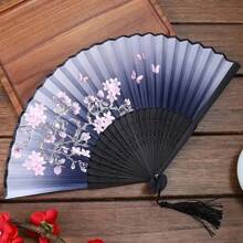 Foldable Hand Fan, Chinese Style Silk And Bamboo Fan With Dual Color, Hollow Tassel Dangle Design For Weddings, Parties, Home Decor And Festive Gifts. Birthday - Black - View 4