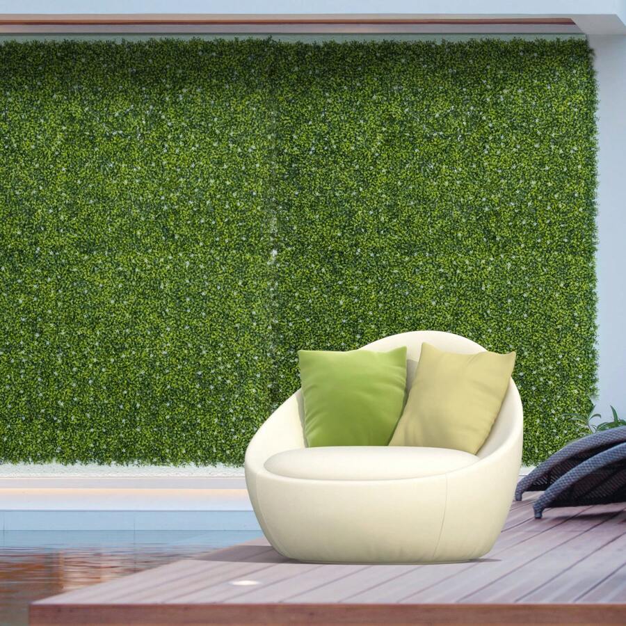 Outsunny 12PCS Artificial Boxwood Wall Panels 50cm X 50cm Grass Privacy Fence Screen Faux Hedge Greenery Backdrop Encrypted Milan Grass With White Flowers For Home Garden Backyard Balcony