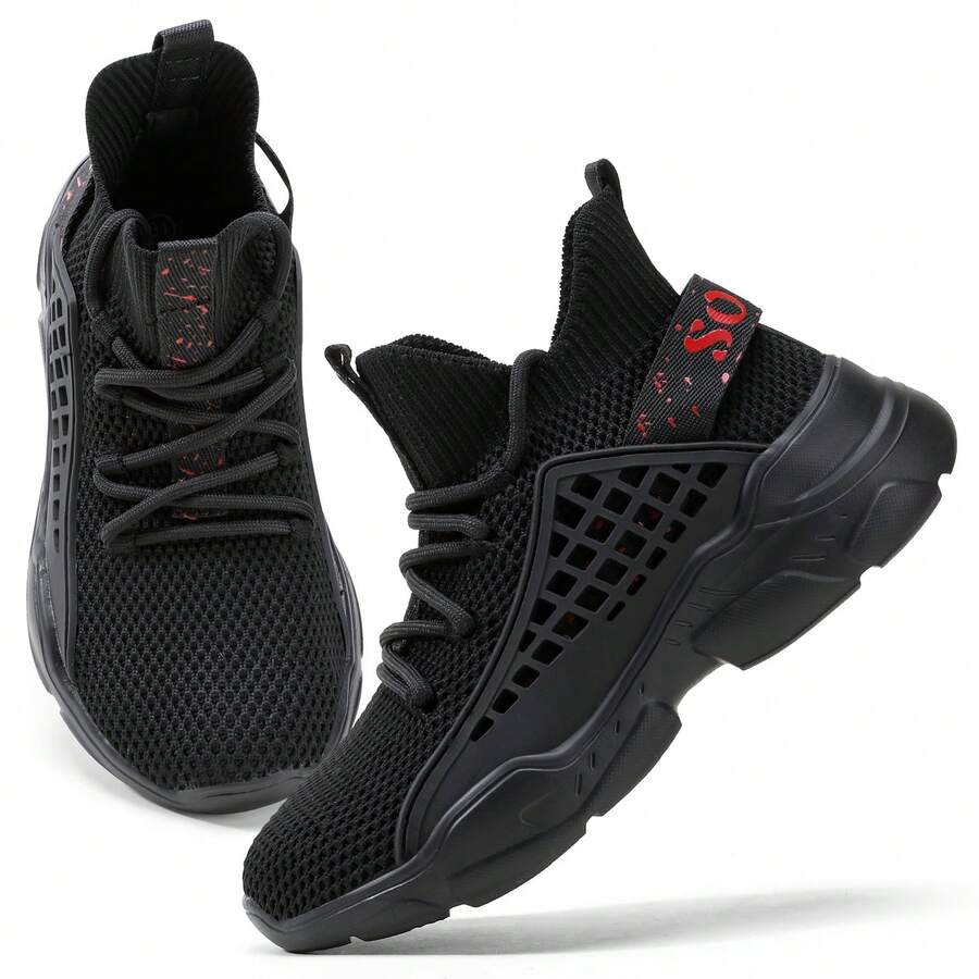 Kids High Top Trainers Boys Fashion Sports Shoes Grils Lightweight Breathable Footwear Comfortable Childrens Casual Sneakers - 黑色 - 查看 1