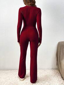 2 Piezas/set Pijama Simple De Un Solo Color Sólido Con Forro Grueso De Vellón Ajustado Para Mujer, Adecuado Para Uso En El Hogar En Otoño E Invierno. El Conjunto De Pantalones Largos De Manga Larga Y Torcido Se Ajustan A Última Moda Dulce, Elegante Y Calentito, Adecuados Para Casa Y Al Aire Libre - Rosa Oxidada - Ver 3