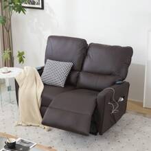 RV Loveseat Console Theater Seating 2 Seater Powered Recliner Double Sofa With USB Charging Station Massage Heat Chair RV Furniture Faux Leather Brown - 咖啡棕 - 查看 1