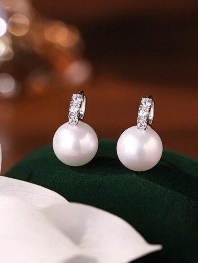 2 件优质 925 纯银 CZ 钻石和珍珠耳环，适合女士，简约时尚珍珠环状耳环，生日派对奢华礼物