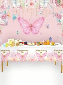 3pcs Pink Butterfly Theme Party Birthday Tablecloth Set, Butterfly Birthday Home Holiday Party Room Dining Table Decor, Tablecloth, Table Runner, Birthday Gift Butterfly Decor, Party Favor Rectangle Tablecloth Table Runner - Pink - View 2