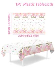 3pcs Pink Butterfly Theme Party Birthday Tablecloth Set, Butterfly Birthday Home Holiday Party Room Dining Table Decor, Tablecloth, Table Runner, Birthday Gift Butterfly Decor, Party Favor Rectangle Tablecloth Table Runner - Pink - View 3