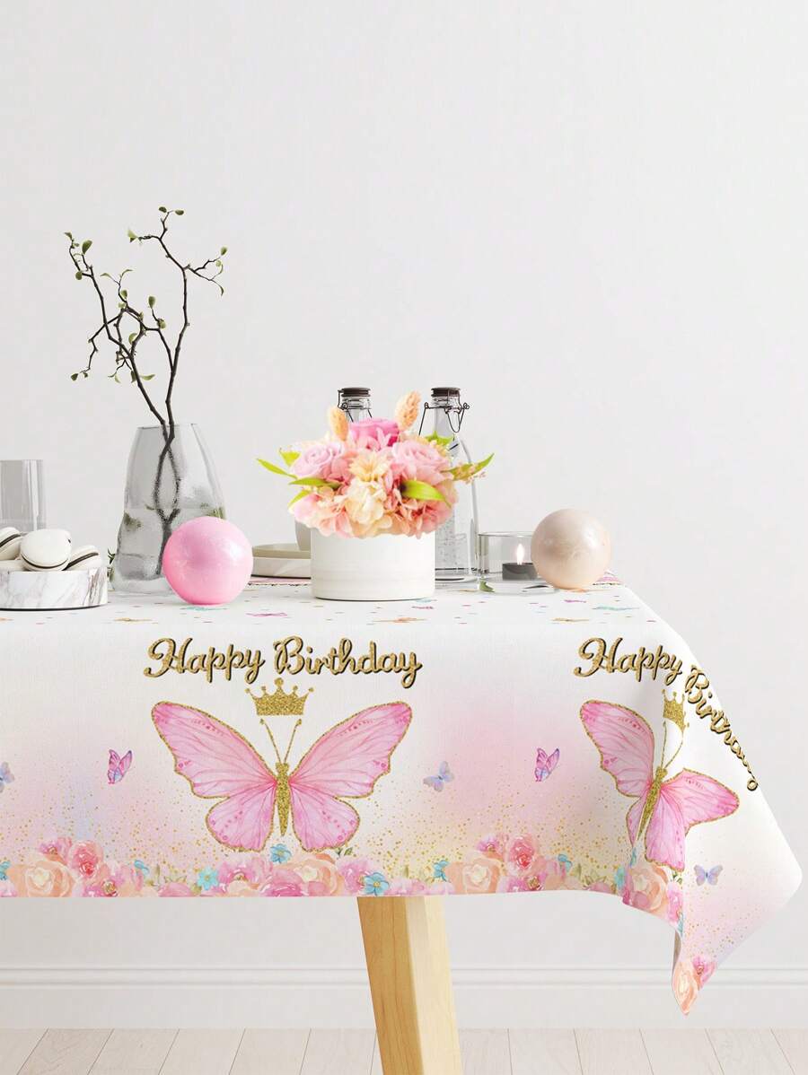 3pcs Pink Butterfly Theme Party Birthday Tablecloth Set, Butterfly Birthday Home Holiday Party Room Dining Table Decor, Tablecloth, Table Runner, Birthday Gift Butterfly Decor, Party Favor Rectangle Tablecloth Table Runner - Pink - View 1