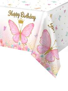 3pcs Pink Butterfly Theme Party Birthday Tablecloth Set, Butterfly Birthday Home Holiday Party Room Dining Table Decor, Tablecloth, Table Runner, Birthday Gift Butterfly Decor, Party Favor Rectangle Tablecloth Table Runner - Pink - View 4