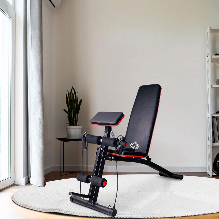 HOMCOM Banco de Pesas Banco de Musculación Respaldo Inclinable de 7 Niveles y 2 Cuerdas para Entrenamiento Completo Banco Abdominales Gimnasia en Casa - Negro - Ver 1