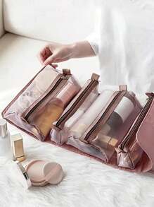 Travel Cosmetic Bag For Women, Zipper Mesh Separable Cosmetic Pouch, Ladies Rope Makeup Storage Bag,Multi-Functional Large Capacity Cosmetic Bag Fashionable Waterproof Wash Storage Bag Mesh Bag Makeup Brushes Storage,Travel Essentials Organizer, Hanging Makeup Case For Accessories,Waterproof Portable Pouch Open Flat Toiletry Bag Beach Bag Beach Essentials Beach Towel Organizer Beach Accessories Beach Stuff Holiday Bag Holiday Essentials For Summer For Vacation Back To School Supplies - Pink - View 4