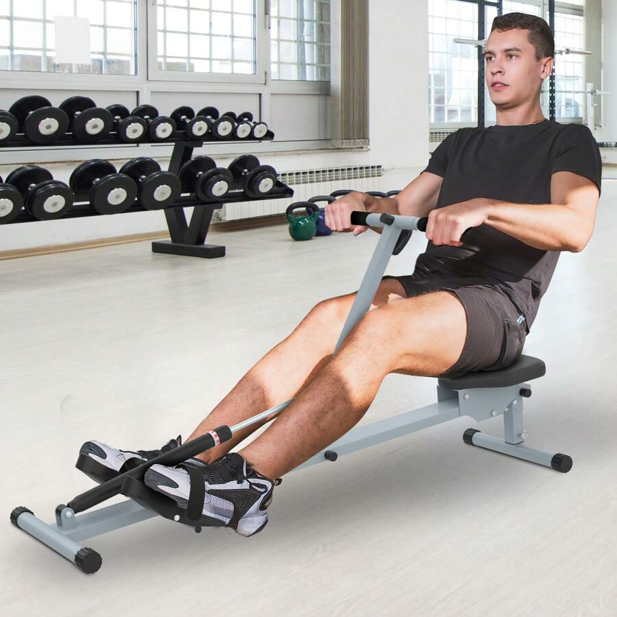 HOMCOM Máquina de Remo Plegable Resistencia Ajustable con Digital Monitor LCD para Fitness y Ejercicios de Musculación o Resistencia para Gimnasio Casa Carga 100KG 130x47,5x67 cm - Gris - Ver 1