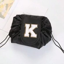 1入斜肩字母刺繡化妝收納包女用口袋折疊式化妝包便攜式旅行收納洗漱袋字母印花組織者盥洗用品情人節禮物 - 黑色 - 查看 14