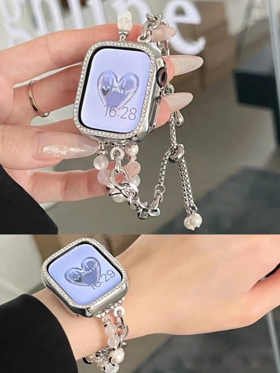 1入組寶石水晶珍珠鍊彈性不鏽鋼錶帶,滑動扣環,適用於蘋果手錶38mm40mm41mm42mm44mm45mm,銀色