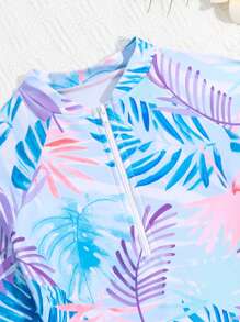 少女可愛植物印花連身泳裝 - 彩色 - 查看 4