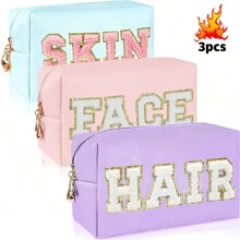 3入組預ppy風格化妝包,女士旅行洗漱包,毛絨字母化妝包,pu皮水密袋,可愛拉鍊整理袋,適用於肌膚、頭髮和面部 - 彩色 - 查看 3