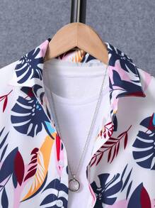 2pcs/Set Tween Boy Casual Leaf Ditsy Floral Turndown Collar Short Sleeve Shacket And Solid Color Shorts Set, Spring/Summer - Royal Blue - View 4