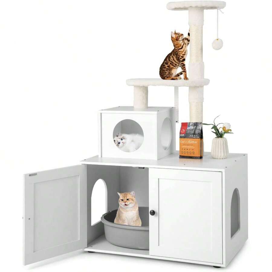 Cat Tree With Litter Boxes, 2-In-1 Modern Scratching Post With Cat House, Cozy Platform, Sisal Scratching Post, Hanging Ball, 77.5x49x132 Cm (White) - White - View 1