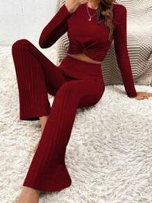 2 Piezas/set Pijama Simple De Un Solo Color Sólido Con Forro Grueso De Vellón Ajustado Para Mujer, Adecuado Para Uso En El Hogar En Otoño E Invierno. El Conjunto De Pantalones Largos De Manga Larga Y Torcido Se Ajustan A Última Moda Dulce, Elegante Y Calentito, Adecuados Para Casa Y Al Aire Libre - Rosa Oxidada - Ver 5