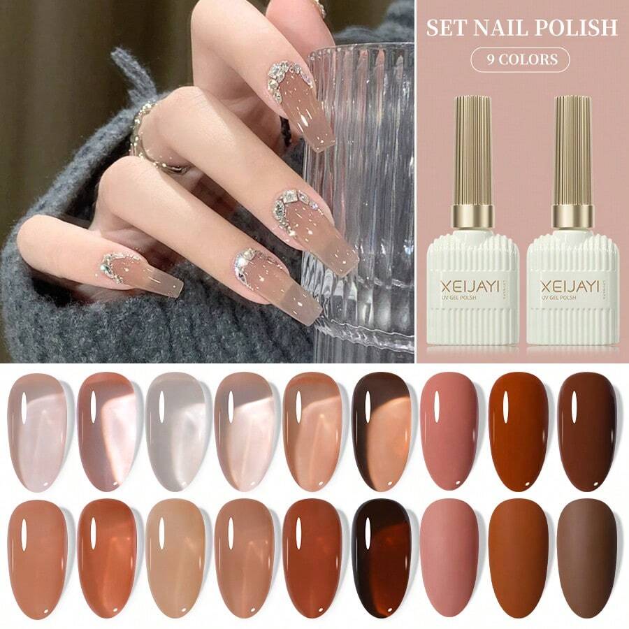 XEIJAYI 9Pcs 15ML Gel Nail Polish Set, Popular Color Gel Varnish Kit, Soak Off UV/LED Gel Polish, For Home Salon Nail Art Christmas DIY - 彩色 - 查看 1