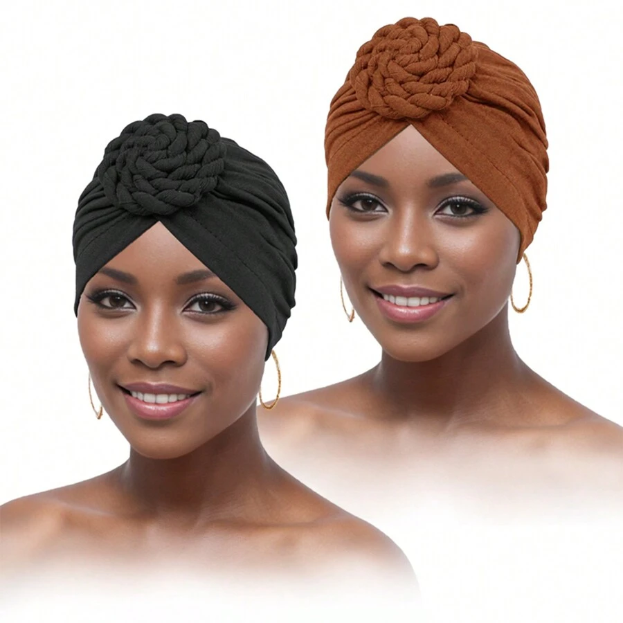 2 pezzi Turbanti da donna, Cappelli a turbante a nodo di moda dai colori solidi con pattern a bussola, confortevoli e traspiranti, adatti per la casa, l